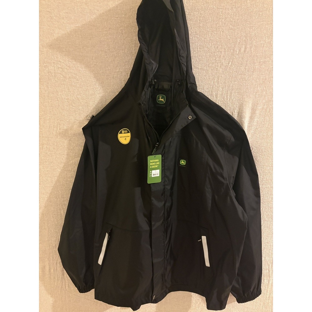 John Deere Durable Tough Men's Black Hooded Water Resistant Rain Coat Jacket 2XL